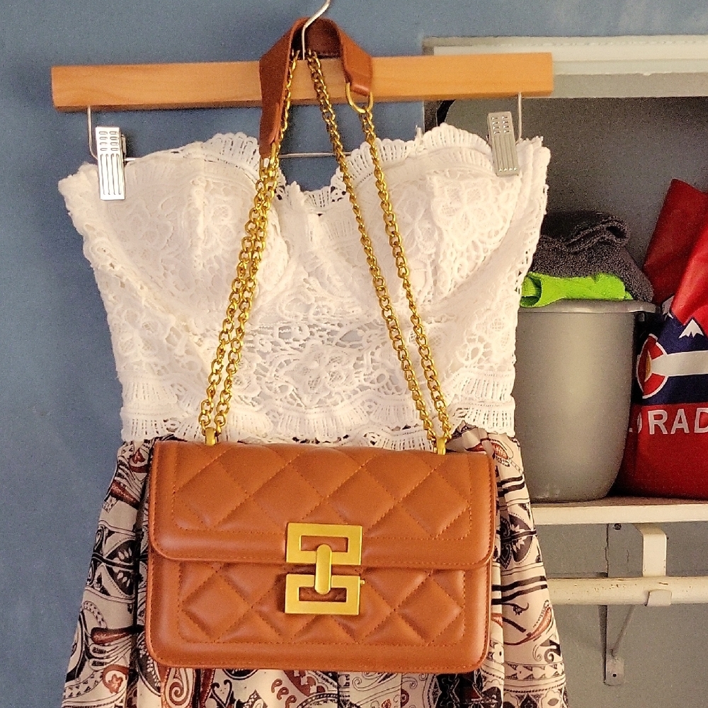 SHEIN Brown Quilted Shoulder Bag with Chain Straps